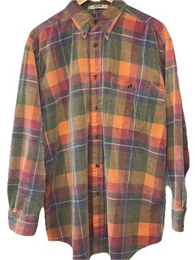 Vintage 90’s Orvis Courdory Plaid Button-Down Shirt — Green, Orange, Purple Sz L